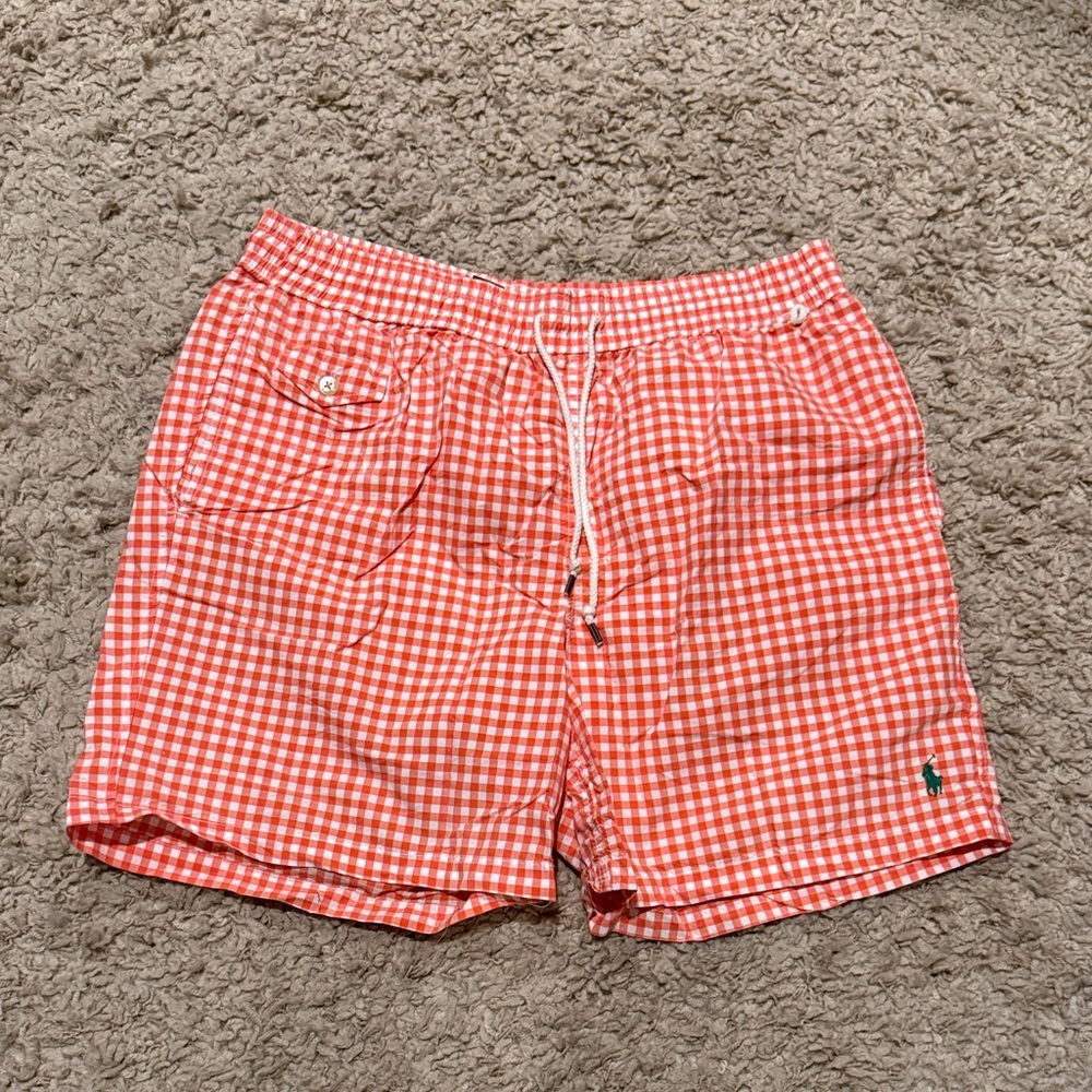 Polo Ralph Lauren Orange & White Gingham Check Men's Bathing Suit with Liner XL